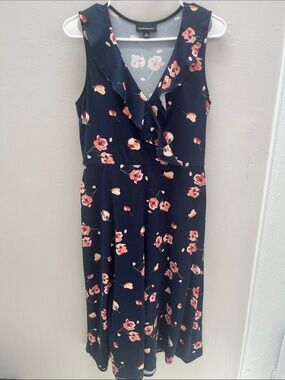 Forever New Navy Floral Ruffle V-Neck Midi Dress